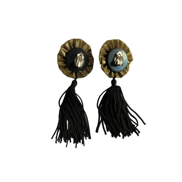 Vintage 80s Gold & Black Clip-On Earrings With Tassels - Picture 2 of 4
